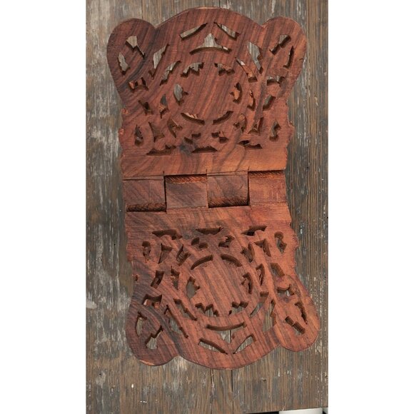 Vintage Teak Wood Book Stand Holder Hand Carved Kitchen Stand Fall Floral Leaf - Picture 7 of 10